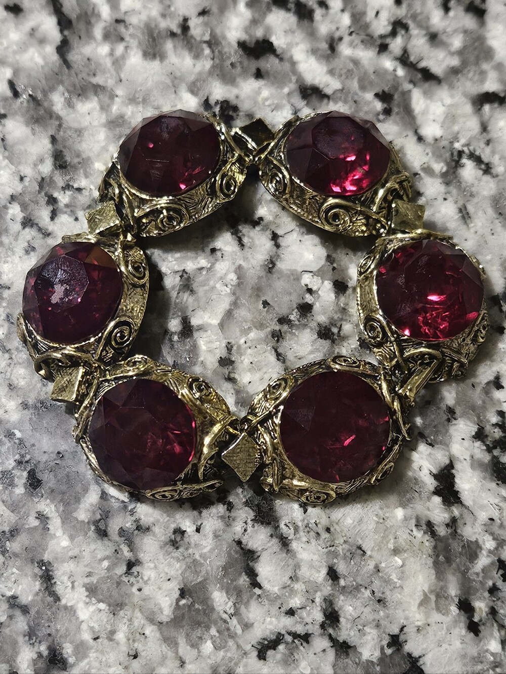 Vintage Gold-Tone Filigree Bracelet w/ Deep Red Glass Gemstones Victorian Style